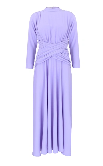 Amal Al Mulla Lavender Midi Dress With An Accentuated Waist And Gathered Details In Blue