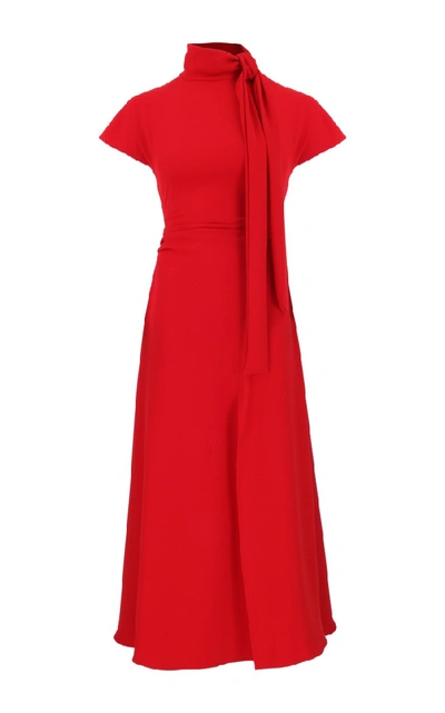 Amal Al Mulla Ruby Red Crepe Midi With A Long Side Slit And A Soft Turtle Neck Collar That Ties Into A Bow.
