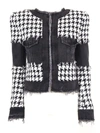 BALMAIN BLACK AND WHITE TWEED AND DENIM SUIT JACKET,11093446