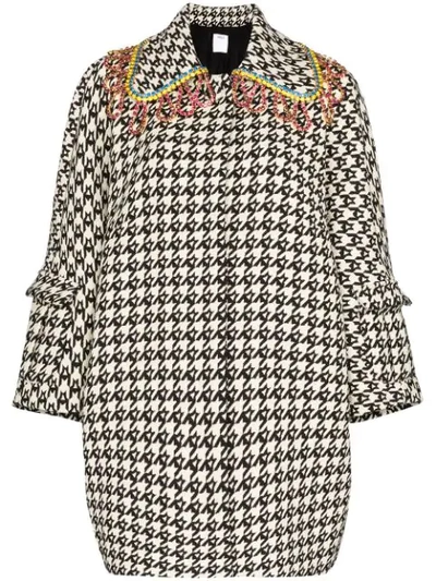 Area Crystal Fringe Houndstooth Wool Blend Cocoon Coat In White