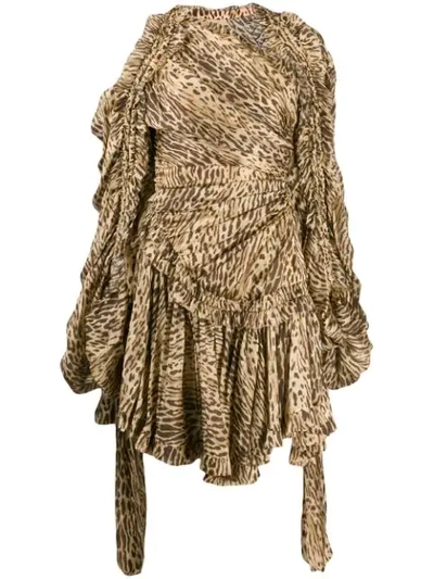 Zimmermann 动物纹不对称迷你连衣裙 In Brown