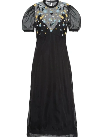 Miu Miu Short Sleeve Floral Embroidered Dress In Black