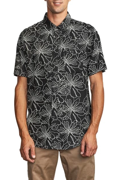 Rvca Blind Floral Short Sleeve Button-up Shirt In Black/ White