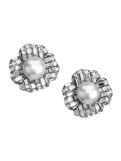 Kenneth Jay Lane Silvertone, 16mm White Round Pearl & Baguette Floral Stud Clip-on Earrings