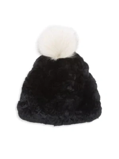 Glamourpuss Signature Knit Rex Rabbit Fur & Fox Fur Pom-pom Hat In Black Ivory