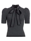MICHAEL KORS Striped Cashmere Knit Puff-Sleeve Bow Blouse