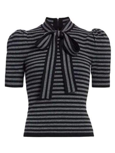 Michael Kors Striped Cashmere Knit Puff-sleeve Bow Blouse In Grey