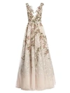 MARCHESA Beaded Tulle Plunging V-Neck Gown