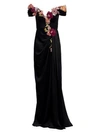 MARCHESA Off-The-Shoulder Floral Appliqué Duchess Satin Gown
