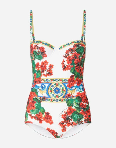 Dolce & Gabbana Printed One-piece Swimsuit In White