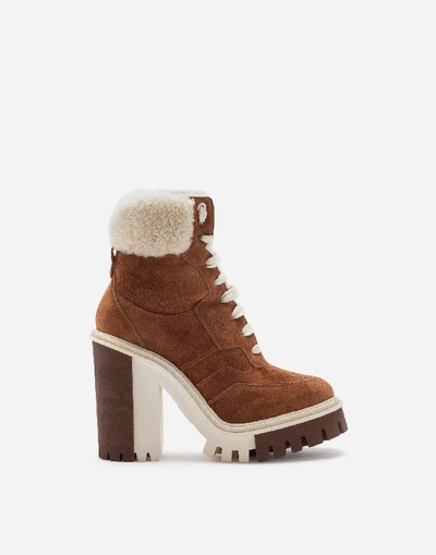 Dolce & Gabbana Split-grain Leather Trekking Boots With Shearling In Brown