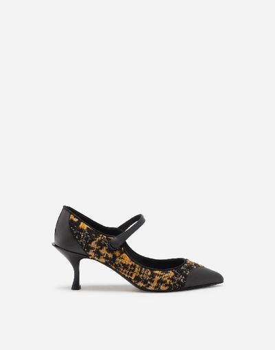 Dolce & Gabbana Polished Calfskin And Patterned Bouclé Mary Janes In Yellow/black