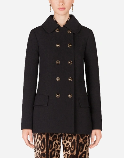 Dolce & Gabbana Basketweave Pea Coat With Decorative Buttons In Nero