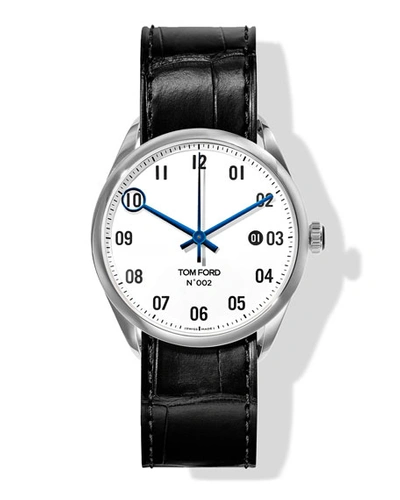 Tom Ford N.002 40mm Round Alligator Leather Watch In White/black