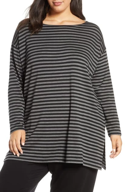 Eileen Fisher Bateau Neck Stripe Top In Ash/ Black