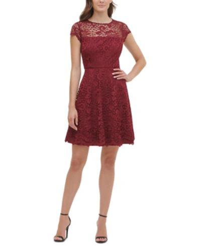 Kensie Floral-lace Fit & Flare Dress In Burgundy