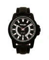 WRANGLER MEN'S WATCH, 46MM IP BLACK SANDBLASTED CASE AND BEZEL, BLACK DIAL, WHITE AND RED INDEX MARKERS, DUAL
