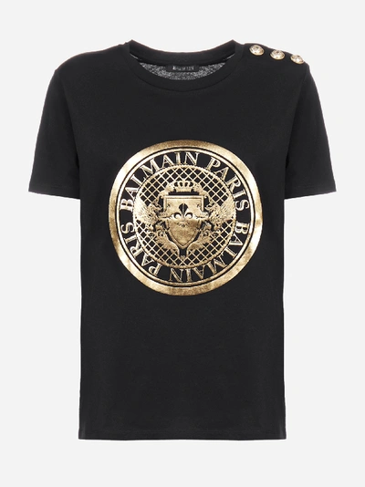 Balmain T-shirt In Cotone Con Stampa Medaglione-logo