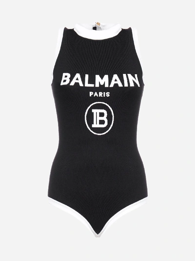 Balmain Viscose Stretch Knit Bodysuit With Logo In 001 Black