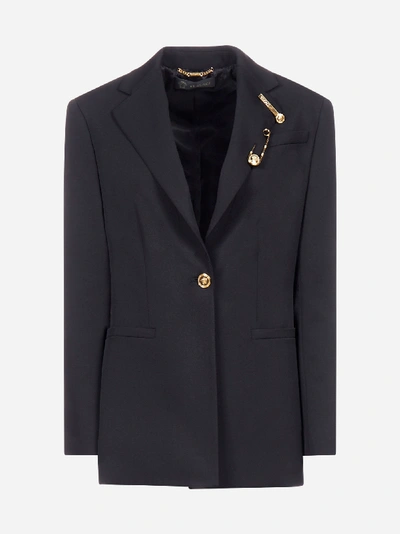 Versace Wool Blazer With Safety-pins Embellishment In Black