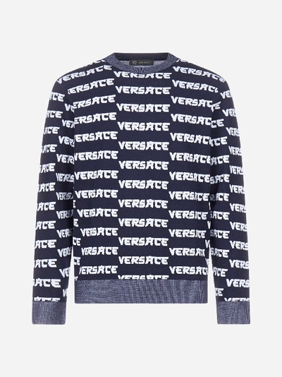 Versace Logo Stripe Tech Wool Sweater In Black