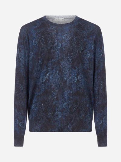 Etro Men's Wool Paisley-print Crewneck Sweater In Blue