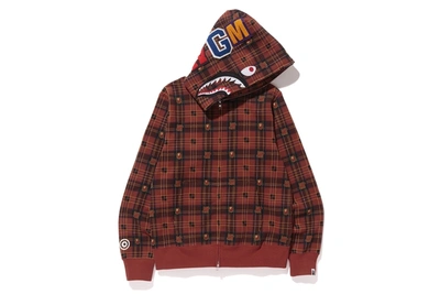 Pre-owned Bape Undefeated Check Shark Hoodie Red