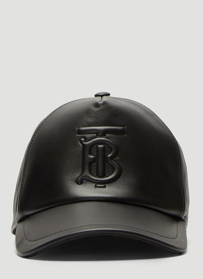 Burberry Embossed Monogram Leather Baseball Cap In Black