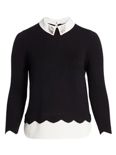 Joan Vass, Plus Size Modern-fit Bejeweled Collar Sweater In Black