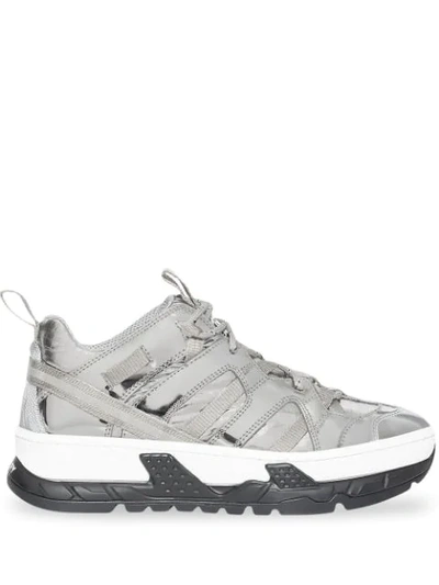 Burberry Metallic Leather And Nylon Union Trainers In Silver