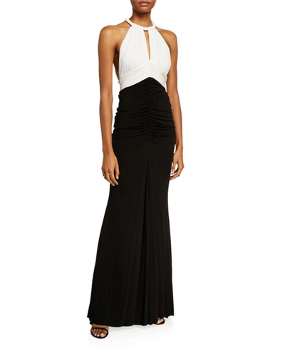 Alexander Mcqueen Ruched Two-tone Jersey Halter-neck Gown In Black/ivory