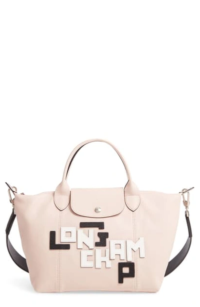 Longchamp Small Le Pliage Logo Leather Tote In Pale Pink