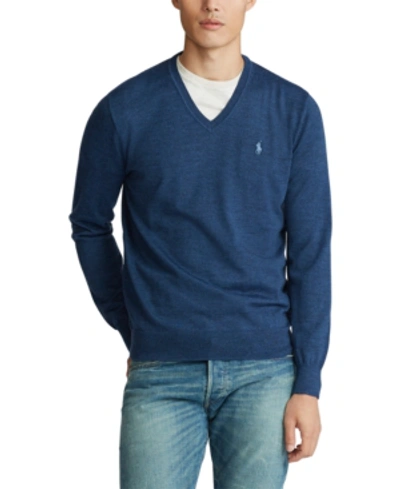 Polo Ralph Lauren Washable Merino Wool V-neck Sweater In Federal Blue Heather