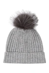 Amicale Cashmere Genuine Fox Fur Pompom Beanie In 020gry