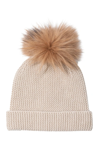 Amicale Cashmere Links Stitch Cuffed Hat With Genuine Fox  Fur Pom In Oat