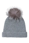 Amicale Cashmere Links Stitch Cuffed Hat With Genuine Fox  Fur Pom In Grey