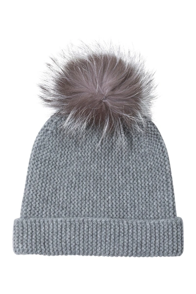 Amicale Cashmere Links Stitch Cuffed Hat With Genuine Fox  Fur Pom In Grey