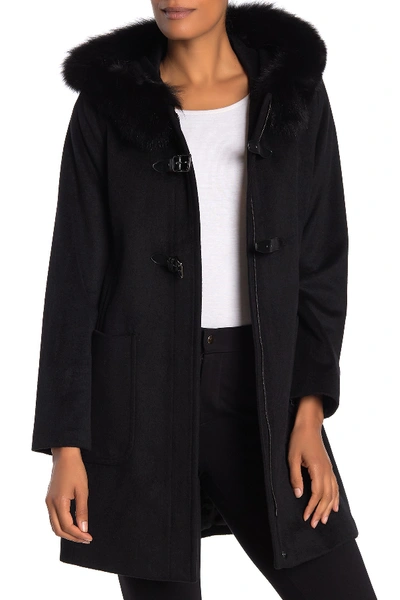 Trina Turk Genuine Fox Fur Trim Wool Blend Coat In Black