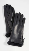 Agnelle Side Tie Genuine Rabbit Fur Lined Lambskin Leather Gloves In Black