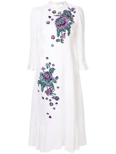 Andrew Gn Mock-neck Flare-sleeve Midi Dress W/ Floral Embroidery In White