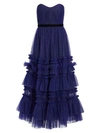 MARCHESA NOTTE Glitter Tulle Strapless Tea-Length Gown
