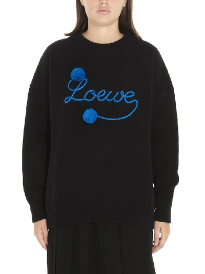 Loewe Logo Embroidered Wool Knit Sweater In Blue