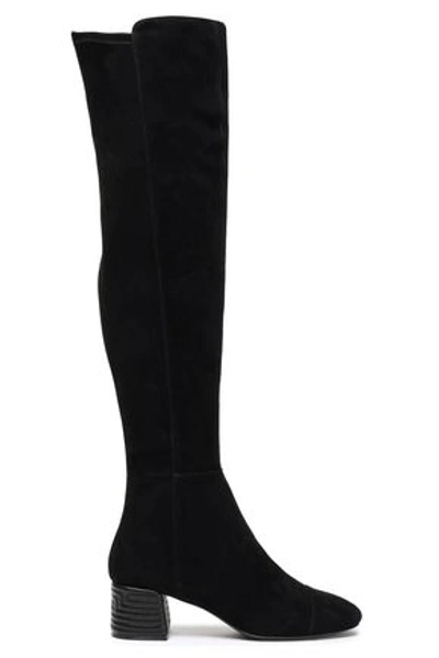 Tory Burch Embroidered Leather-paneled Stretch-suede Over-the-knee Boots In Black