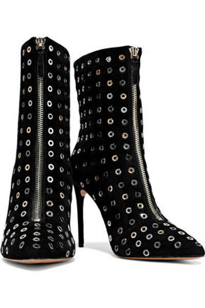 Alice And Olivia Clade Eyelet-embellished Suede Ankle Boots In Black