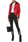 ALICE AND OLIVIA ALICE + OLIVIA WOMAN AVRIL FRENCH TERRY-TRIMMED LEATHER HOODED BIKER JACKET RED,3074457345620672821