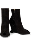 LANVIN PATENT LEATHER-PANELED SUEDE WEDGE ANKLE BOOTS,3074457345621217348