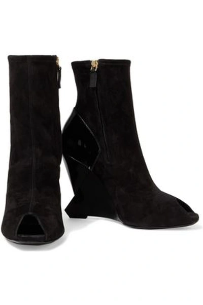 Lanvin Patent Leather-paneled Suede Wedge Ankle Boots In Black