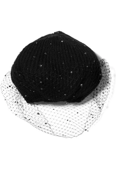 Jennifer Behr Crystal-embellished Mesh And Mohair Beret In Black