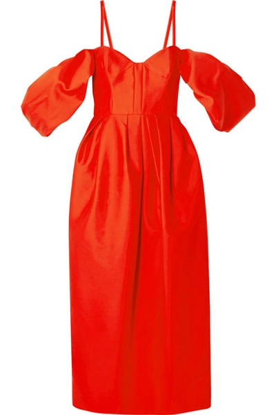 Rosie Assoulin Cold-shoulder Pleated Cotton-poplin Midi Dress In Orange