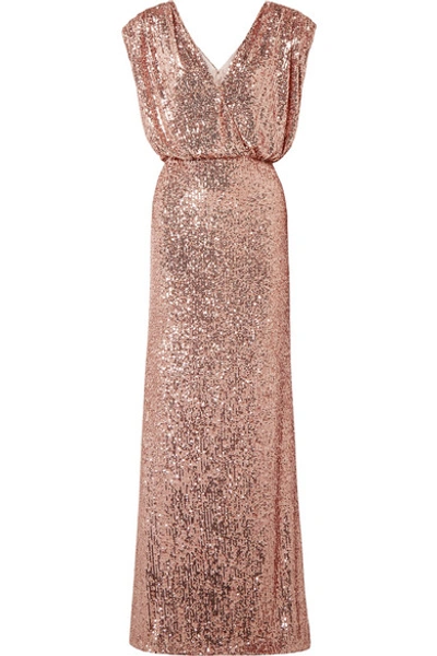 Monique Lhuillier Wrap-effect Sequined Stretch-tulle Gown In Pink
